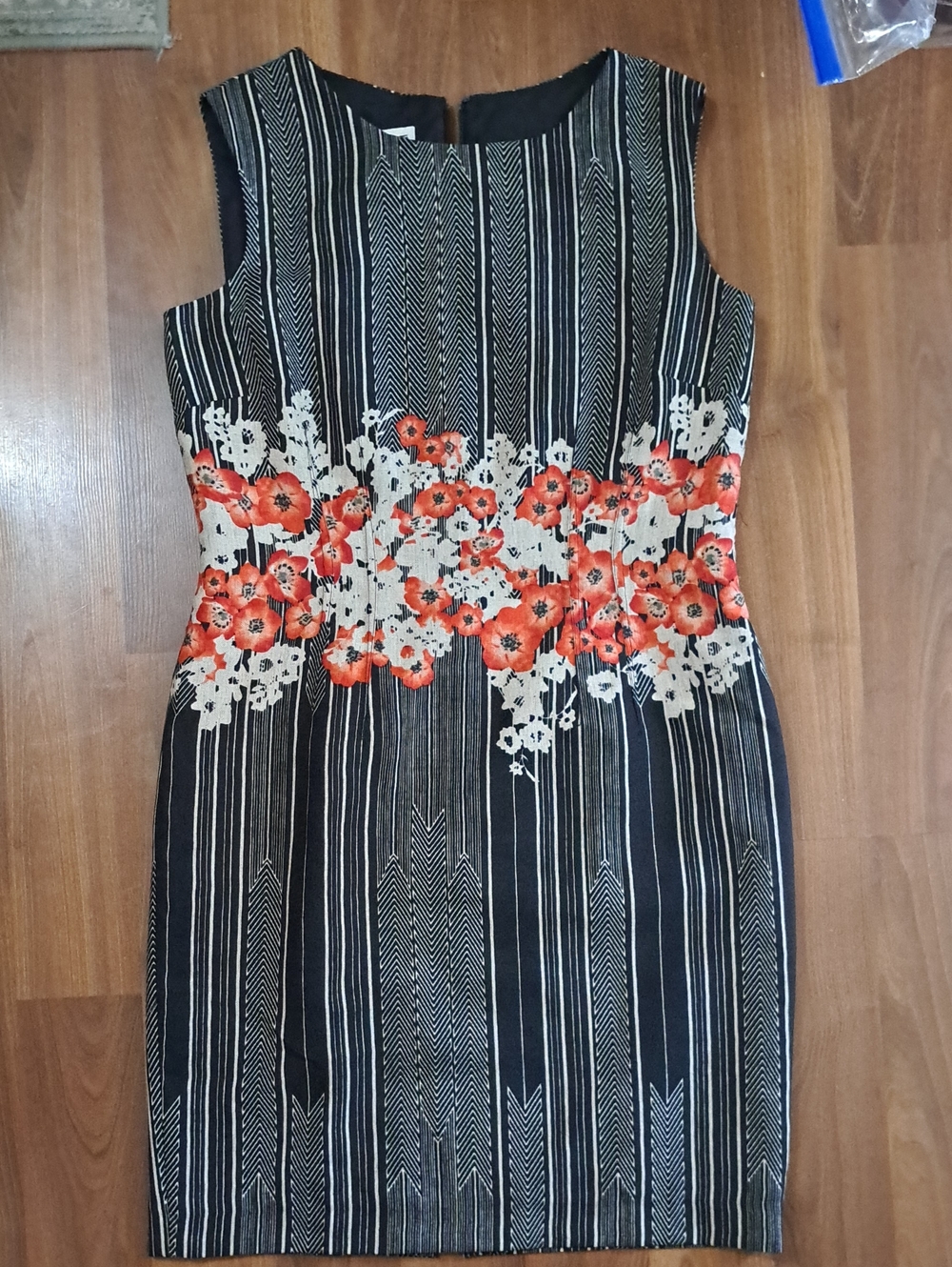 Anne Klein Black and White Striped Midi Dress with Red Floral Waistband